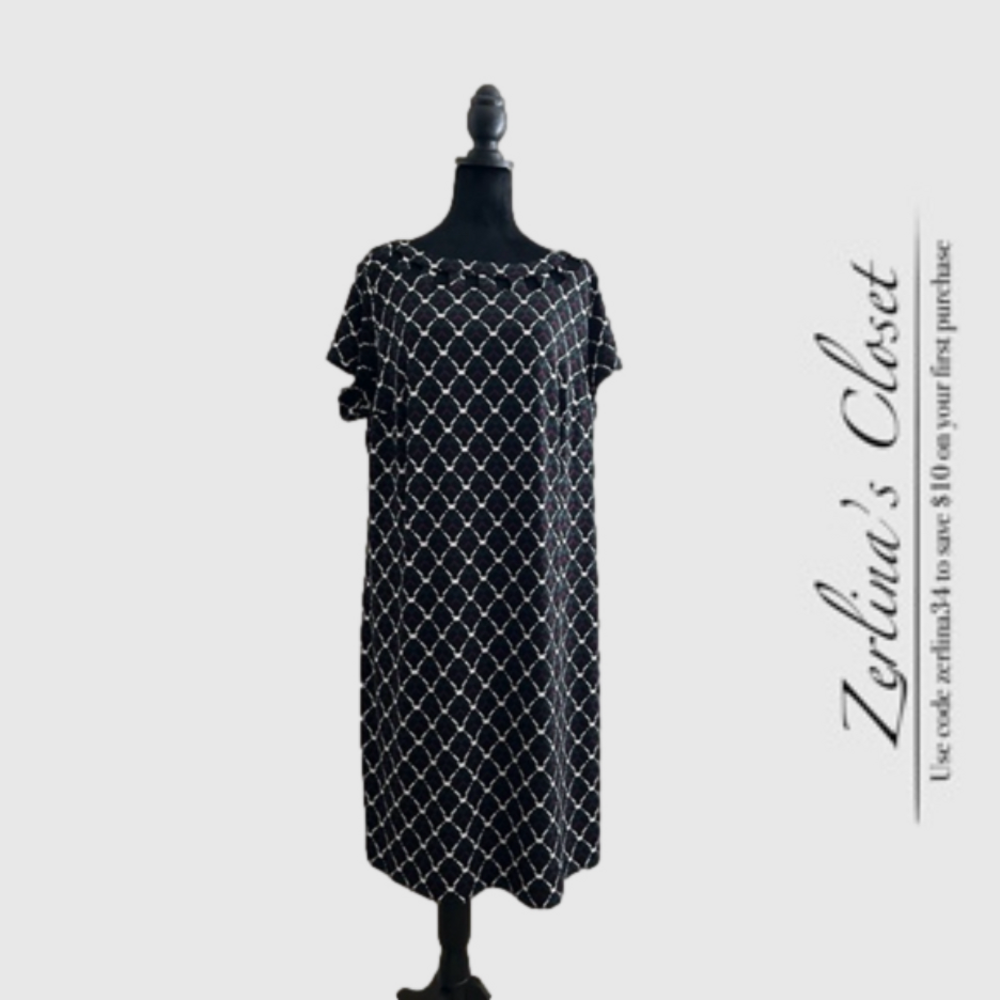 41 Hawthorne Edith Lattice Detail Knit Shift Dress Black white purple 1X